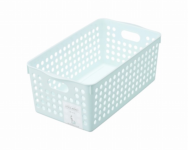 収納バスケットです。やさしいライトカラーのバスケットです。持ち手穴が開いており移動や引き出しに便利です。キッチンや洗面等の小物をまとめて収納できます。