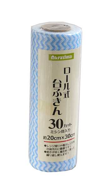 ロールタイプの台ふきんです。ミシン目入りで、1枚ずつ切り離して使用してください。洗ってくり返し使えます。乾きが早く衛生的です。食器拭きや台拭き、レンジ周りや電子レンジ内の掃除などに便利です。※アイロン