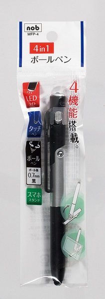 〇多機能ペンです。ＬＥＤライト・タッチペン・ボールペン・スマホスタンドの４つの機能がひとつになりました。ボールペンは、油性黒インクのボール径０．７ｍｍです。１本で色々使えて便利です。※電池の交換はでき