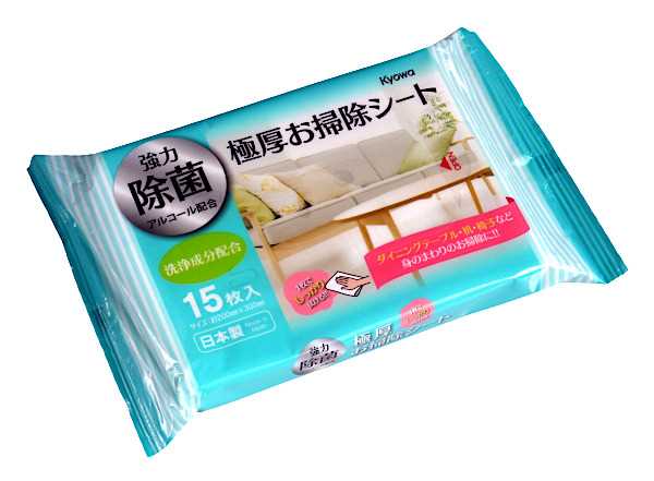 お掃除シートです。1枚でしっかり拭ける極厚シートです。アルコール除菌ができます。ダイニングテーブル・机・椅子など、身の回りのお掃除にお使いください。※拭き取った後の菌を減少させるものですべての菌を除去