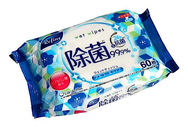 ウェットシート、60枚入りです。99.9%除菌、無香料のアルコールタイプです。ヒアルロン酸を配合しており、手肌に優しく上質な肌触りです。1枚ずつ簡単に取り出せ衛生的です。手指・キッチン周りの汚れ落とし