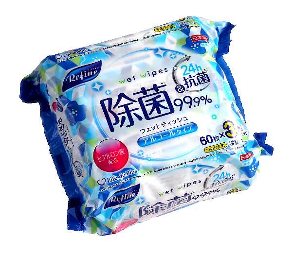 ウェットティッシュ、60枚×3個入りです。99.9%除菌、無香料のアルコールタイプです。ヒアルロン酸を配合しており、手肌に優しく上質な肌触りです。1枚ずつ簡単に取り出せ衛生的です。手指・キッチン周りの