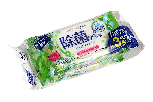ウェットティッシュ、10枚×3個入りです。99.9%除菌、無香料のノンアルコールタイプです。ヒアルロン酸を配合しており、手肌に優しく上質な肌触りです。1枚ずつ簡単に取り出せ衛生的です。手指・身の周り品