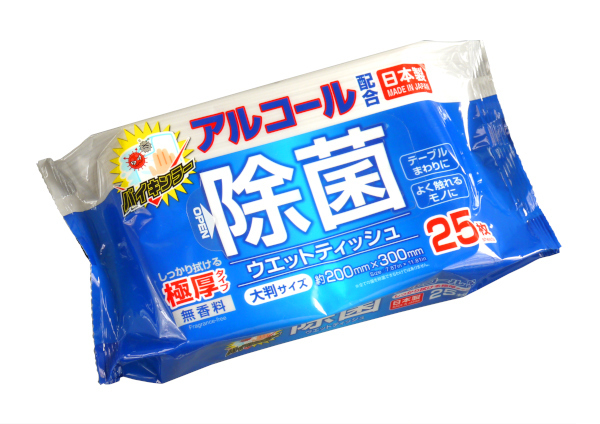 ウェットティッシュ、25枚入りです。しっかり拭ける極厚タイプのウェットティッシュです。アルコール配合で、手拭きやよく触れるものの除菌に活躍します。※全ての菌を除菌できるわけではございません※トイレに流